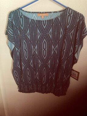 Ellen Tracy Teal and Black Geo-Print Short Sleeve Blouse Sz XS